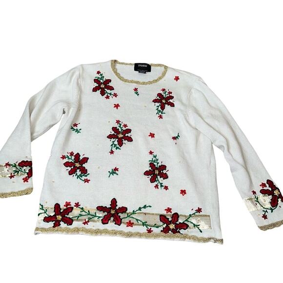 Vintage White Christmas Sweater 90s Beaded Xmas Poinsettia Embroidered Jumper LG - Picture 2 of 7